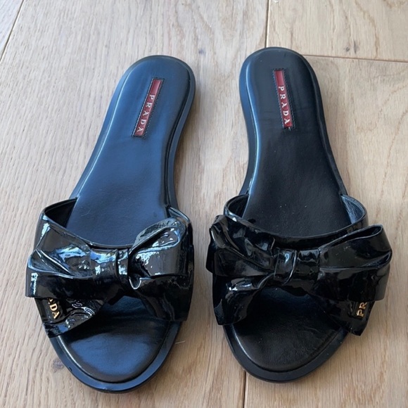 Prada Shoes - Black Patent Leather Bow Slide